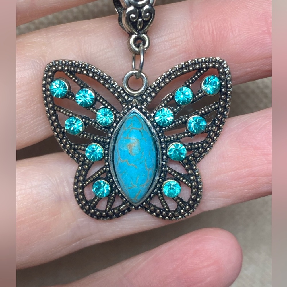 Silver Butterfly Pendant Necklace W/ Sparkling Rhinestones & Teal Howlite - Picture 3 of 4